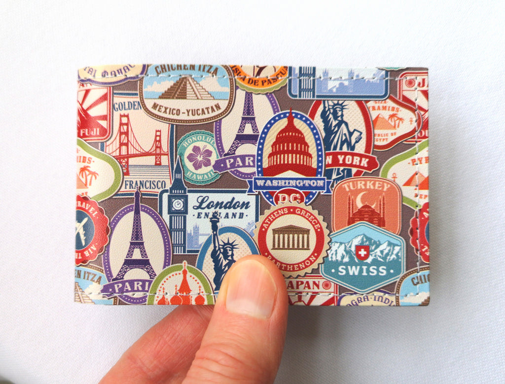 Recycled Leather Travel Card Holder featuring travel themed print