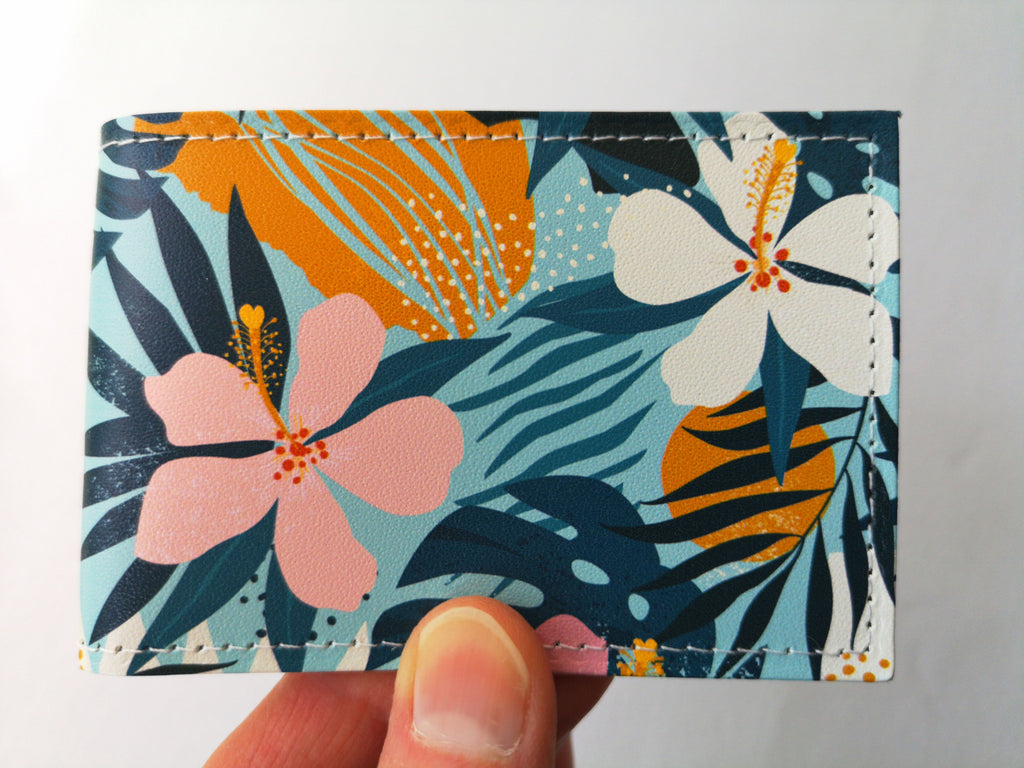 Recycled Leather Travel Card Holder featuring a tropical floral print.