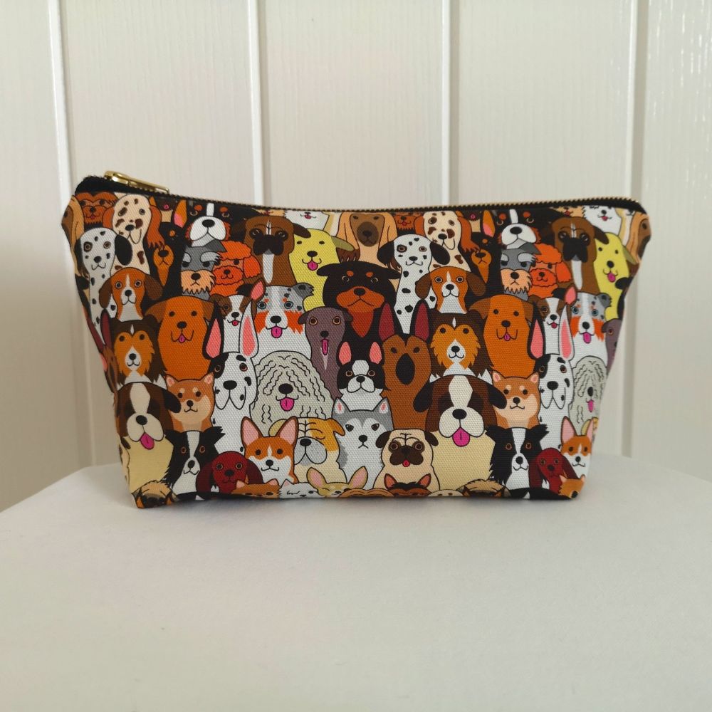 Wash bag with dog pattern on a white surface