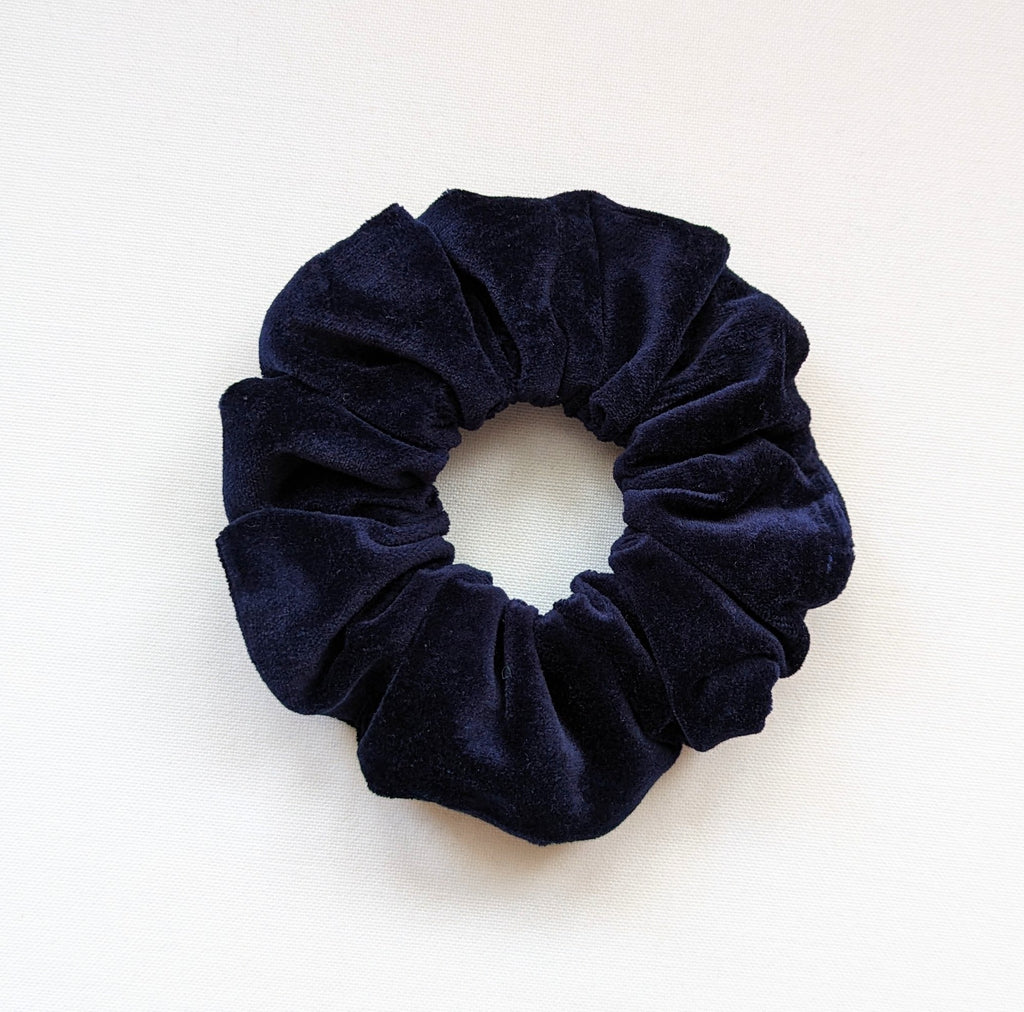 Navy Blue Velvet Scrunchie on white background