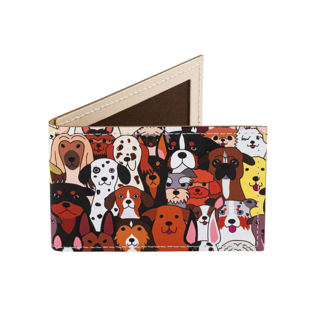 Recycled Leather Travel Card Holder featuring a cute dog print pattern, standing on a white background.
