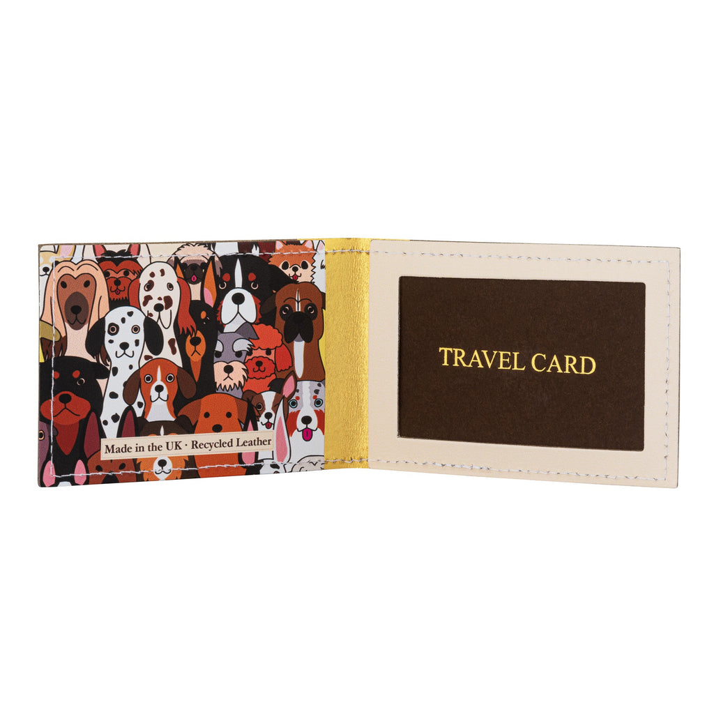 Recycled Leather Travel Card Holder featuring a cute dog print pattern, standing open on a white background.