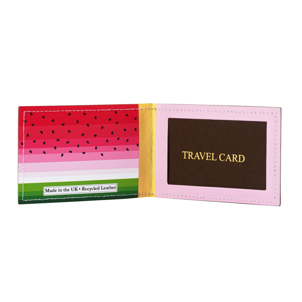 A recycled leather travel card holder featuring a brightly coloured watermelon print pattern, standing open, on a white background.