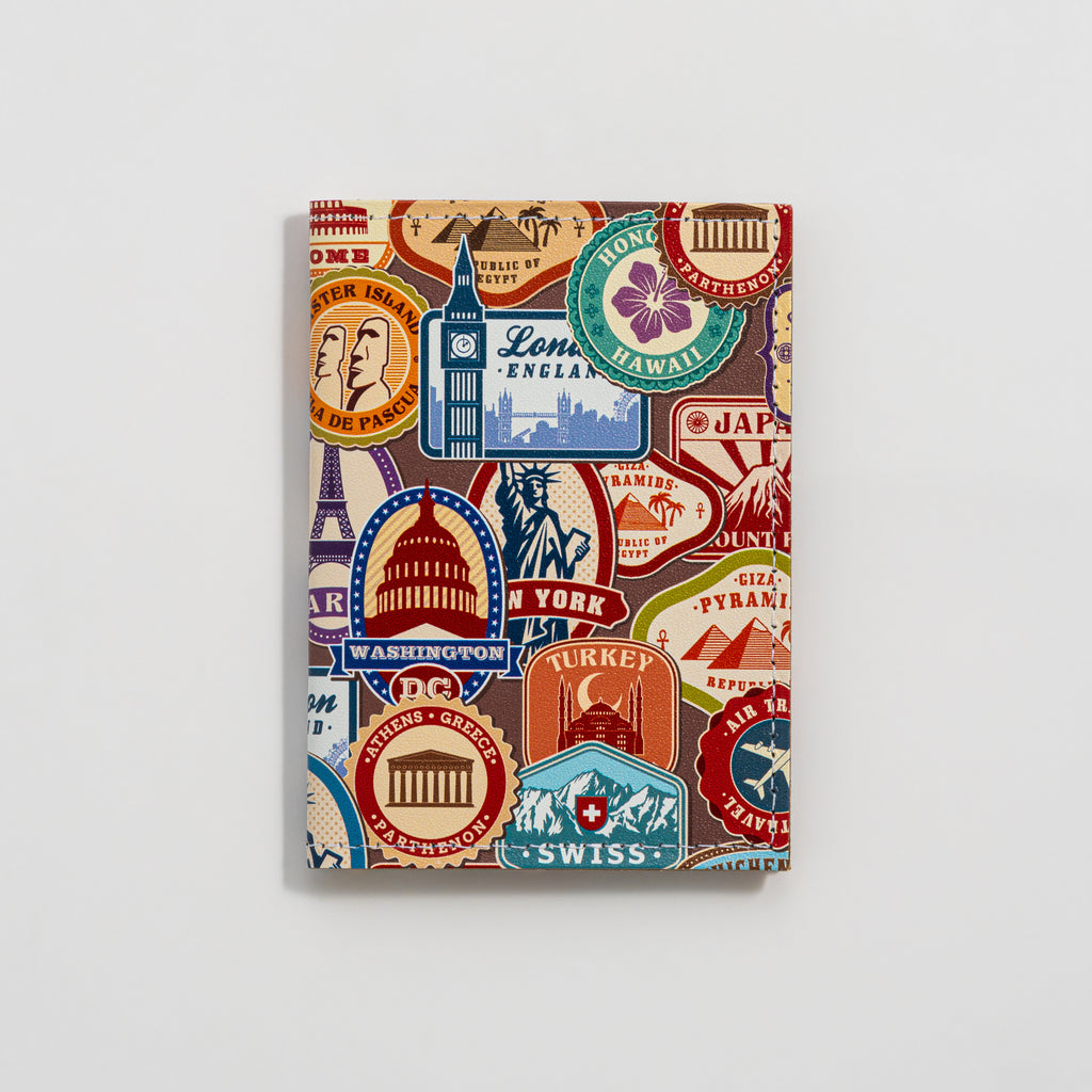 Recycled Leather Folding Wallet Card Holder featuring travel themed print, on a white background.
