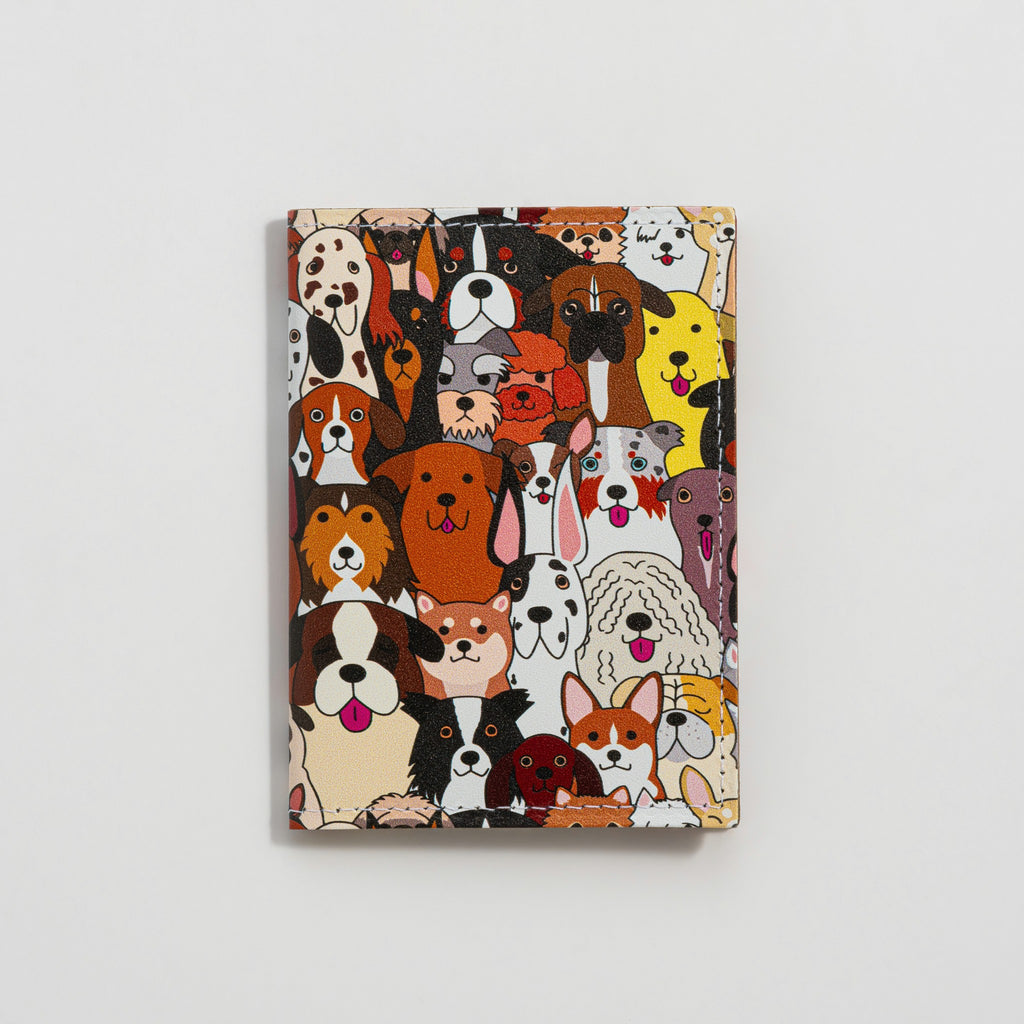 Recycled Leather Folding Wallet Card Holder featuring dog themed print, on a white background.