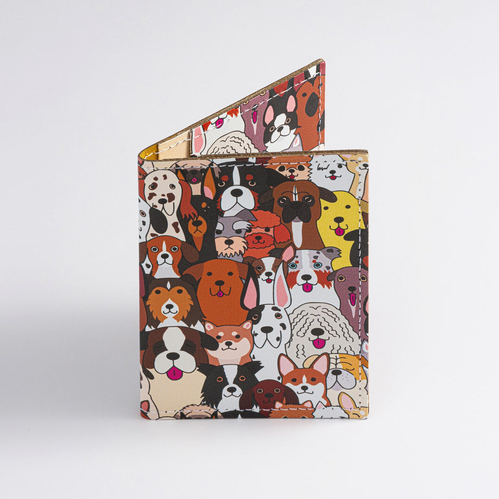 Recycled Leather Folding Wallet Card Holder featuring dog themed print, on a white background.