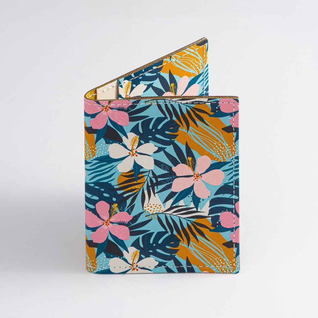 Recycled Leather Folding Wallet Card Holder featuring Tropical Floral Print on a white background.
